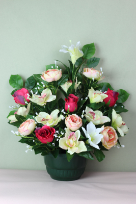 Fleurs artificielles pour cimetière - Coupe de lys, gerberas et roses