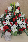  Fleurs artificielles pour cimetière - Jardinière bouton de roses, lys, scirpus 