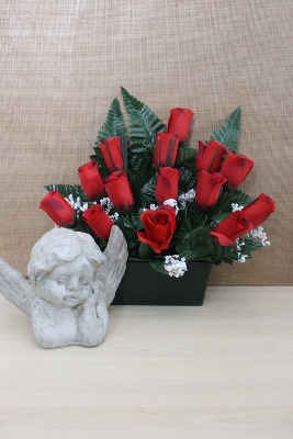 Fleurs artificielles pour cimetière - Petite jardinière boutons de roses et gypsophile 
