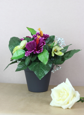 Fleurs artificielles pour cimetière - Coupe Hibiscus, anémones, gypsophile